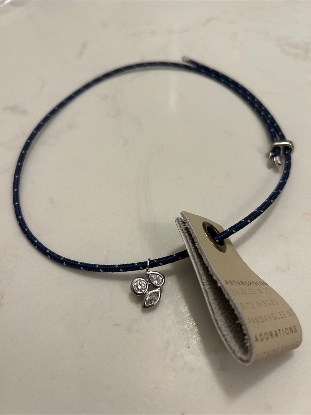Anthropologie Navy Cord MAGNETIC Necklace with Crystal Charm